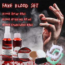 Carica l&#39;immagine nel visualizzatore di Gallery, Sangue Finto Lavabile Halloween 60ml Spray 60ml Liquido 50g Coagulato, Cera Cicatriziale , 2x Denti di Vampiro, Set Trucco Effetti Speciali Trucchi Hallowen