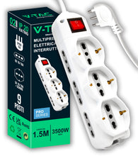 Carica l'immagine nel visualizzatore di Gallery, V-TAC Multipresa Elettrica 9 PRESE con Interruttore e Cavo 1,5mt - 6 Prese Laterali 10/16A Bipasso e 3 Frontali 10/16A B