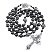 Carica l'immagine nel visualizzatore di Gallery, Nazareth Store Rosario da uomo in ematite con perline nere in acciaio inox, medaglia miracolosa e croce del padre nostra, 50,8 cm, zinco, senza pietra preziosa