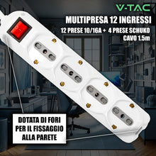 Carica l'immagine nel visualizzatore di Gallery, V-TAC Multipresa Elettrica 12 PRESE con Interruttore e Cavo 1,5Mt - 8 Prese Laterali 10/16A Bipasso e 4 Frontali 10/16A 