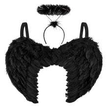 Carica l'immagine nel visualizzatore di Gallery, Ali Angelo Nero con Aureola, Ali Nere Piume Adulto, Costume Halloween Donna
