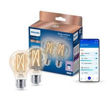 Carica l'immagine nel visualizzatore di Gallery, Philips Smart LED Lamp Filament 2-pack - Illuminazione LED intelligente - Luce bianca calda o fredda - E27-60W - Traspar