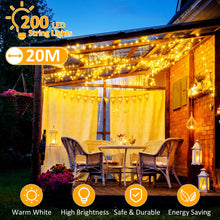 Carica l'immagine nel visualizzatore di Gallery, GARITE - Catena luminosa per esterni, 20 m, 200 LED, albero di Natale, bianco caldo, impermeabile, espandibile, con 8 modalità, per interni ed esterni, decorazione giardino, matrimonio, Natale, feste