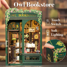 Carica l'immagine nel visualizzatore di Gallery, CUTEBEE Book Nook - Kit fai da te in miniatura, casa delle bambole in miniatura, casa delle bambole fai da te, con protezione antipolvere e luce LED, kit di costruzione per adulti (gufo Bookstore)
