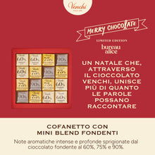 Carica l'immagine nel visualizzatore di Gallery, Venchi, Cofanetto Natale con 16 Mini Blend Fondenti, Cioccolato fondente al 60%, 75% e 90%, Edizione Limitata, 47 Gr, Senza Glutine, Senza Coloranti e Conservanti, Vegano, Idea Regalo Natale