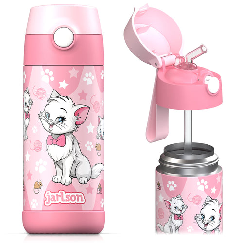 Jarlson® Borraccia Bambini Acciaio Inox, Bottiglia Termica, Senza BPA, Bottiglia Acqua con Cannuccia, Termos 350 ml (Gatto 2, 350)