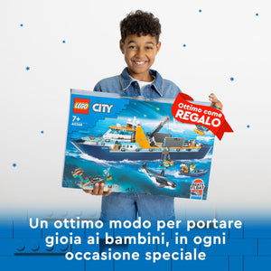 LEGO City Esploratore Artico, Grande Nave Giocattolo Galleggiante con Elicottero, Gommone, Sottomarino, Relitto Barca Vichinga, 7 Minifigure e un'Orca, Regalo per Bambini e Bambine dai 7 Anni 60368