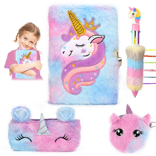 VFANDV Diario Segreto con Lucchetto, Quaderno con Chiave per Ragazza, A5 Unicorno Set, Astuccio un Peluche Penna, Regalo per Bambina 4-9 Anni (Viola)
