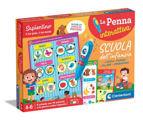 Clementoni Sapientino - Scuola dell'Infanzia, Gioco Educativo Parlante 4-6 Anni, Quiz su Parole, Logica, Sillabe e Operazioni, 8 attività con Penna Interattiva, Made in Italy, Lingua Italiana, 16749