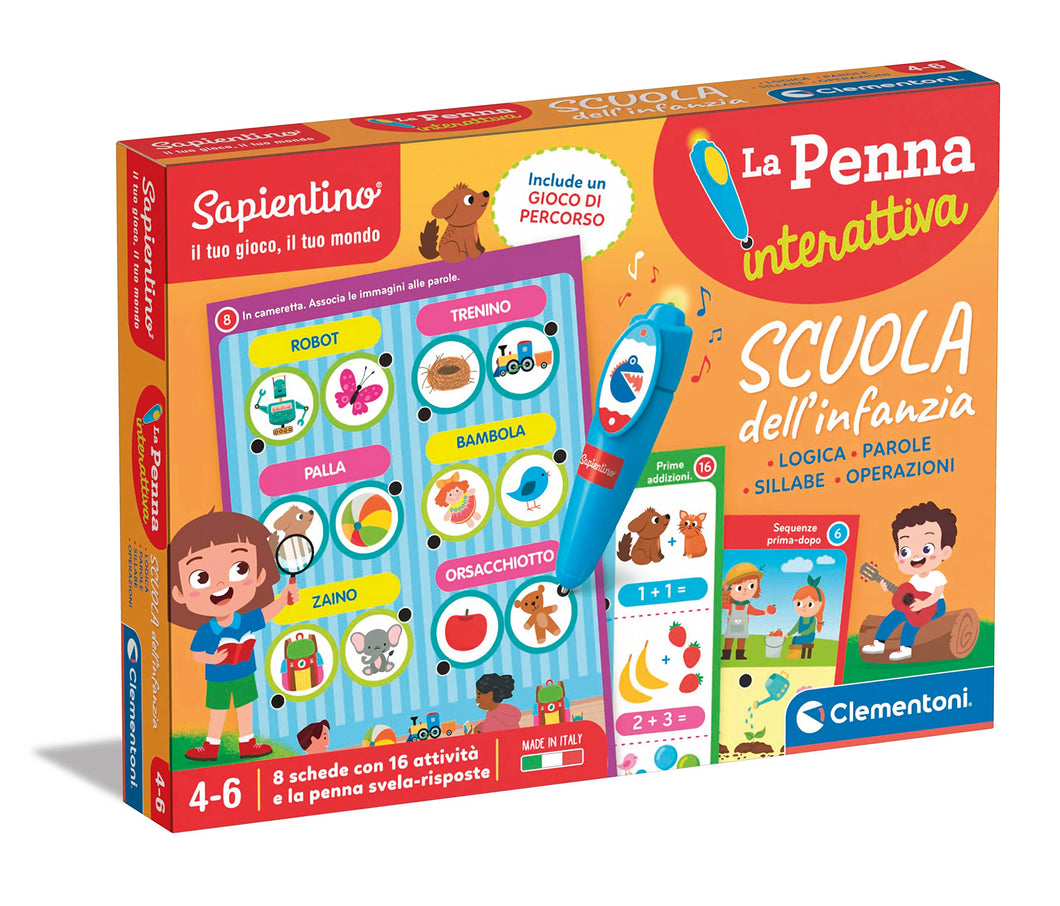 Clementoni Sapientino - Scuola dell'Infanzia, Gioco Educativo Parlante 4-6 Anni, Quiz su Parole, Logica, Sillabe e Operazioni, 8 attività con Penna Interattiva, Made in Italy, Lingua Italiana, 16749