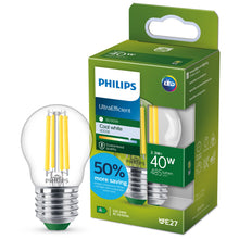 Carica l'immagine nel visualizzatore di Gallery, PHILIPS Classic ultra-efficient LED bulb with energy efficiency class A, E27 base, replaces 40W, clear, cool white light