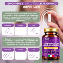 Carica l'immagine nel visualizzatore di Gallery, Cardo mariano tarassaco e carciofo (Dente di Leone), 180 CAPSULE, VEGANO, Integratore con 80% Silimarina, Curcuma, Zenze