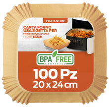 Carica l'immagine nel visualizzatore di Gallery, PORTENTUM Carta forno per friggitrice ad aria, 100 unità quadrate 20–24 cm, adatte a modelli 5–8 L