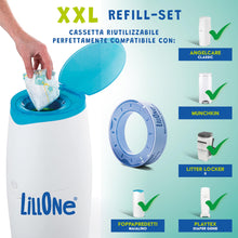 Carica l'immagine nel visualizzatore di Gallery, LillOne XXL-SET 10 Ricariche da Oltre 10 Metri + 1 Cassetta Riutilizzabile - Compatibili con Mangiapannolini Maialino Fo