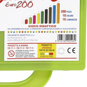Italveneta Didattica - Valigetta Regoli Euro 200 per Apprendimento Matematico, Diverse Dimensioni e Colori, Materiale Atossico, Adatto per Bambini dai 5 anni, Fabbricato in Italia