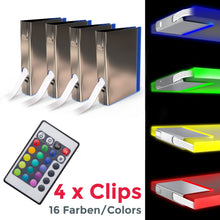 Carica l'immagine nel visualizzatore di Gallery, B.K.Licht Set illuminazione LED per ripiani in vetro, 4 Clip LED RGB, Illuminazione vetrinette, incl. telecomando RGB co