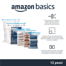 Carica l&#39;immagine nel visualizzatore di Gallery, Amazon Basics Sacchetti sottovuoto con pompa a mano, Molteplici, Cerniera, confezione da 12 (3 jumbo, 3 grandi, 3 medi, 3 piccoli), Trasparente