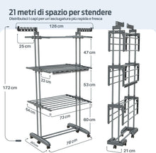Carica l'immagine nel visualizzatore di Gallery, PORTENTUM Stendino verticale salvaspazio pieghevole con 4 livelli e 24 barre di stenditura – Fino a 40 kg – Stendibiancheria con 2 accessori per calzini e 2 ali laterali – Ruote girevoli con freno