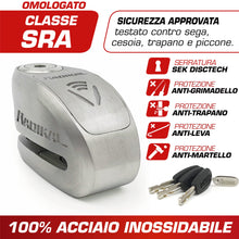 Carica l'immagine nel visualizzatore di Gallery, RADIKAL RK910S Antifurto Moto Blocca Disco Allarme 120 Db Ø10 Doppia Chiusura Omologata Sra, Acciaio Inossidabile