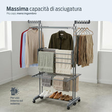 Carica l'immagine nel visualizzatore di Gallery, PORTENTUM Stendino verticale salvaspazio pieghevole con 4 livelli e 24 barre di stenditura – Fino a 40 kg – Stendibiancheria con 2 accessori per calzini e 2 ali laterali – Ruote girevoli con freno