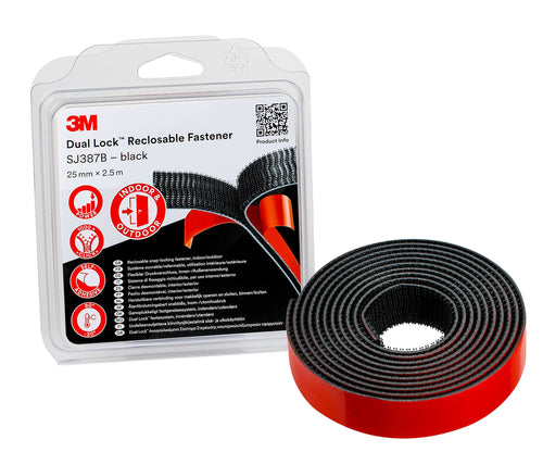 3M Sistema Di Fissaggio Richiudibile Dual Lock Sj387B - Ottima Adesione Su Vernici A Polvere, Metalli, Vetro, Legno, Acrilico, Policarbonato, Abs - 25Mm X 2.5M, 6.1Mm, Nero (1 Pezzo)