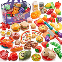 Carica l'immagine nel visualizzatore di Gallery, LAUGIGLE 78Pc Cibo Giocattolo da Taglio con Borsa per La Conservazione, Cibo Finto per Cucina da Gioco, Include Frutta e