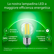 Carica l'immagine nel visualizzatore di Gallery, PHILIPS Classic ultra-efficient LED bulb with energy efficiency class A, E27 base, replaces 40W, clear, cool white light
