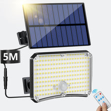 Carica l'immagine nel visualizzatore di Gallery, Lampada Solare da Esterno - 200LED Luce Solare LED Esterno con Sensore di Movimento 2200mAh 4 Modes Telecomando Faretto LED da Esterno Solare con Pannello, Luci da Esterno Giardino Solari con 5M Cavo