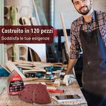 Carica l'immagine nel visualizzatore di Gallery, SHALL Set da 120 fogli abrasivi triangolari, cuscinetti per levigatrice per mouse, 105 x 152 mm, per levigatrici multifu