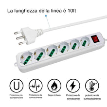 Carica l'immagine nel visualizzatore di Gallery, Extrastar Multipresa Ciabatta Elettrica con 6 Prese Universali ITA 10/16A e Schuko, Interruttore Luminoso, Cavo 3 m con 