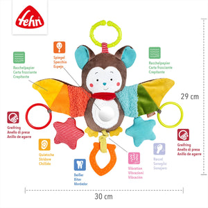 Fehn Pipistrello giocattolo di attività Fehn, gioco abilità motoria per carrozzine, lettini e marsupi mordere, afferrare fare rumore, anello dentizione neonati bambini da 0+ mesi