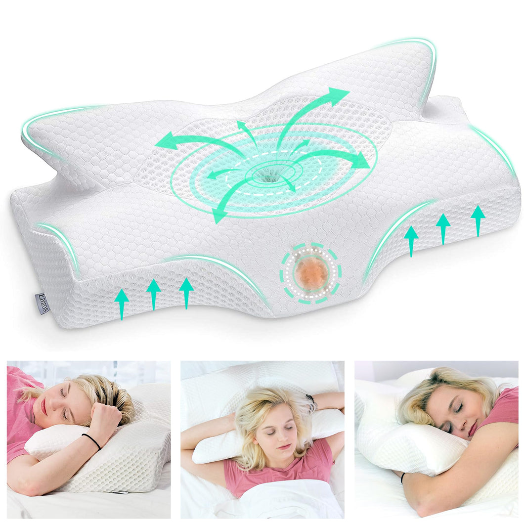 Elviros Cuscino in Memory Foam Ortopedico Cervicale per Dolore al Collo Cuscino Ergonomico per Dolore alla Spalla Cuscino di Sostegno del Collo, Bianca, 53.8 x 11/9 x 33 cm
