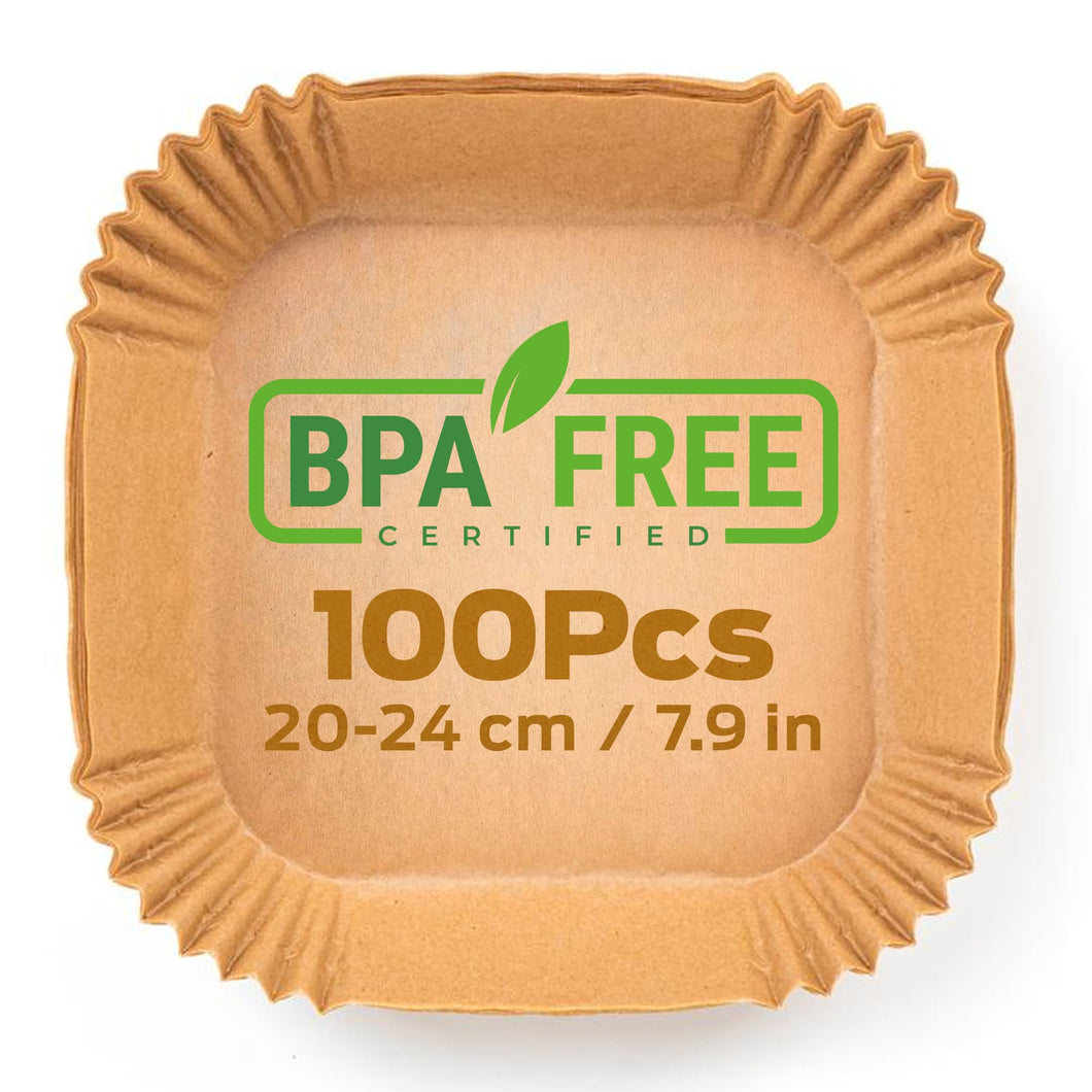 PORTENTUM Carta forno per friggitrice ad aria 100 pezzi Food-Grade BPA Free 20 x 20 x 4,5 cm Carta Air Fryer Quadrata - Ideale per una cottura sana