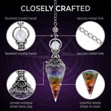 Carica l'immagine nel visualizzatore di Gallery, Set di 2 Pendoli Esoterici, Ametista e 7 Chakra, con Catena in Metallo e Sacchetto in Velluto, Pendoli in Cristallo e Re