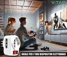 Carica l'immagine nel visualizzatore di Gallery, V-TAC Multipresa Triplo Adattatore Salvaspazio - 2 Prese Laterali 10/16A Bipasso e una Frontale 10/16A Bipasso Shuko con