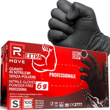 Carica l'immagine nel visualizzatore di Gallery, R MOVE 100 guanti monouso in nitrile neri taglia S, EXTRA RESISTENTI +60% di spessore in più al dito rispetto al 3,5 gr,