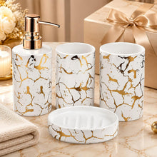 Carica l'immagine nel visualizzatore di Gallery, Set di accessori per il bagno, 4 pezzi, set di accessori da bagno in ceramica di lusso, 2 portaspazzolino/bicchiere + dispenser di sapone liquido o lozione con pompa oro rosa + portasapone