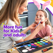 Carica l'immagine nel visualizzatore di Gallery, Truccabimbi Kit - 28 Colori Truccabimbi Kit Anallergici Atossici Professionali con 3 Pennelli 30 Stencil Regalo Bambina 3 4 5 6 7 8 9 Anni- Trucca Bimbi Viso Bambini per Halloween, Carnevale, Pasquale