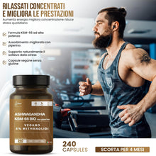 Carica l'immagine nel visualizzatore di Gallery, Ashwagandha KSM-66® con Piperina 240 Capsule 4 Mesi 600 mg al Giorno per Stress Cortisolo Sonno Focus Relax Equilibrio M