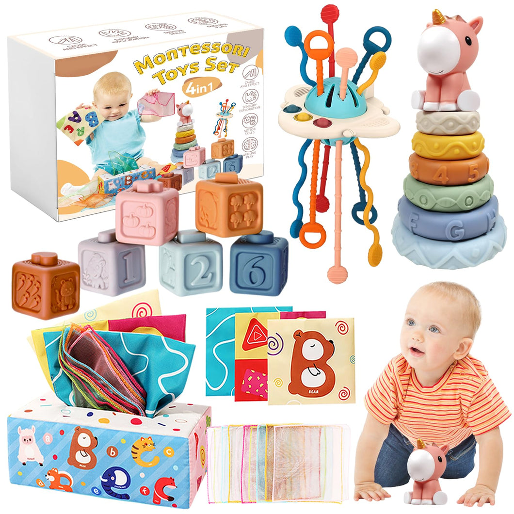 Giochi Montessori 6 Mesi -3 Anni, 4 in 1 Giochi Bambini 1 Anno, Giochi Neonato 6-9 mesi, Sensoriali Giochi Montessori 6-12 Mesi, Giocattolo Impilabile, Giochi Natale Compleanno per Bambini