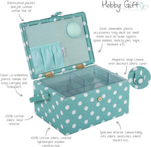 Carica l'immagine nel visualizzatore di Gallery, Hobby Gift Scatola Media per Cucito con Manico - Cestino Porta Cucito in Cotone con Scomparti per Strumenti e Accessori Creativi - 18,5 x 25,5 x 14,5 cm, Pois Verde Acqua