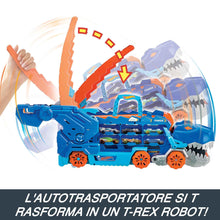 Carica l'immagine nel visualizzatore di Gallery, Hot Wheels City 'Let's Race' Netflix - Mega Dino Trasportatore, pista da corsa che si trasforma in un T-Rex, playset con luci e suoni, box per riporre 20 macchinine in scala 1:64, 4+ anni, HNG50