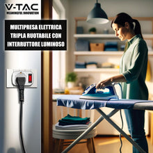 Carica l'immagine nel visualizzatore di Gallery, V-TAC Multipresa Triplo Adattatore Salvaspazio - 2 Prese Laterali 10/16A Bipasso e una Frontale 10/16A Bipasso Shuko con