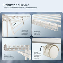 Carica l'immagine nel visualizzatore di Gallery, PORTENTUM Stendino verticale salvaspazio pieghevole con 4 livelli e 24 barre di stenditura – Fino a 40 kg – Stendibiancheria con 2 accessori per calzini e 2 ali laterali – Ruote girevoli con freno