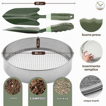 Carica l'immagine nel visualizzatore di Gallery, Setaccio da giardino rotondo da 30 cm con 5 inserti intercambiabili - setaccio in acciaio inox per terriccio, compost, s