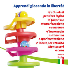 Carica l'immagine nel visualizzatore di Gallery, Quercetti Spiral Tower Pista Biglie per Bambini, Giochi Bambini 1 Anno 100% Made in Italy, Gioco Educativo con 5 Spirali, 3 Biglie Grandi con Sonagli, Regalo Bimbo 1 Anno Sicuro e Divertente