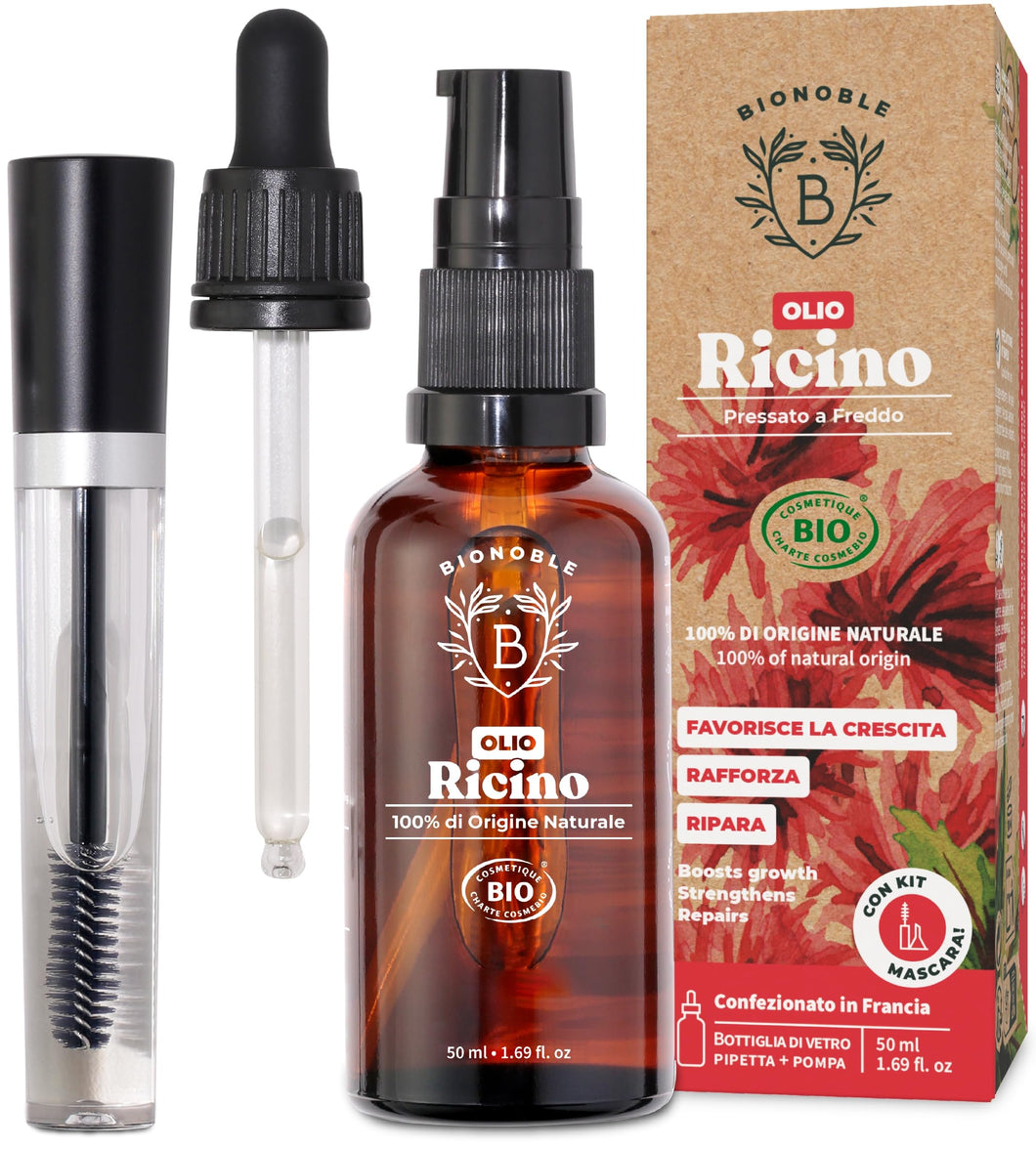 Bionoble Olio di Ricino Biologico 50ml - 100% Puro, Naturale e Pressato a Freddo - Ciglia, Sopracciglia, Capelli, Barba, Unghie - Vegan Castor Oil - Bottiglia di Vetro + Pipetta + Pompa + Kit Mascara