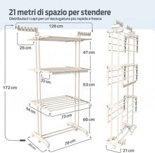 Carica l'immagine nel visualizzatore di Gallery, PORTENTUM Stendino verticale salvaspazio pieghevole con 4 livelli e 24 barre di stenditura – Fino a 40 kg – Stendibiancheria con 2 accessori per calzini e 2 ali laterali – Ruote girevoli con freno