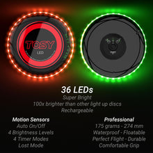 Carica l'immagine nel visualizzatore di Gallery, TOSY Disco volante - 16 milioni di colori RGB o 36 LED, estremamente luminoso, modalità intelligenti, illuminazione automatica, ricaricabile, compleanno, regalo di Natale per bambini, frisbee da 175 g