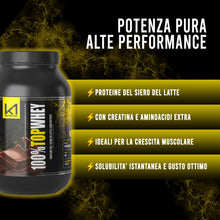 Carica l'immagine nel visualizzatore di Gallery, K1 NUTRITION - 100% Top Whey 2Kg - Proteine in Polvere con Creatina - Whey Protein - Proteine del Siero del Latte con Creatina, Taurina e Aminoacidi - Gusto Cioccolato